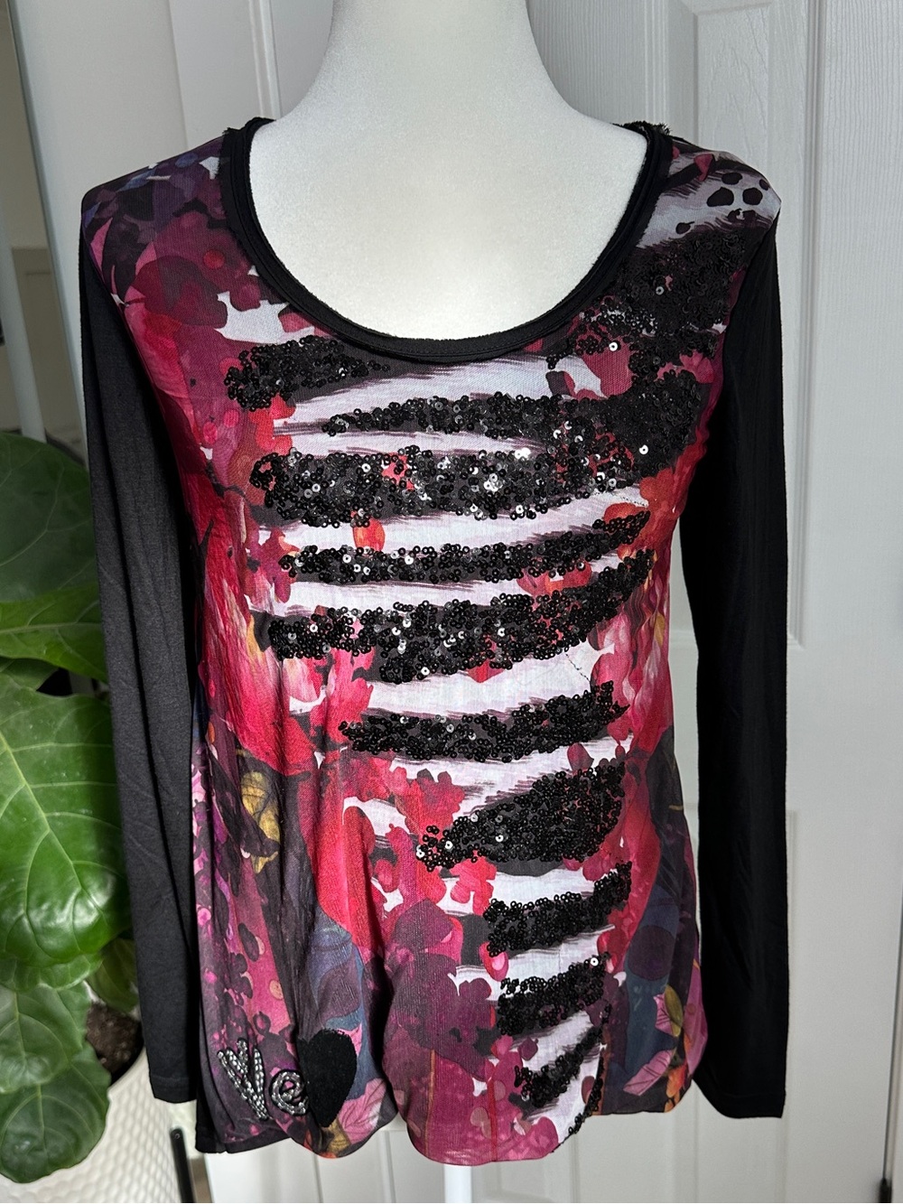 Desigual Y2K Graphic Sequin Mesh Top Long Sleeve Floral Pink Black M